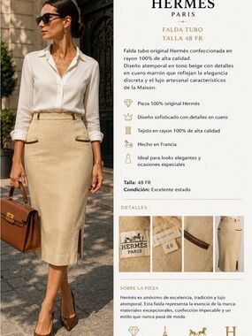 Hermès Beige Pencil Skirt with Brown Leather Trim